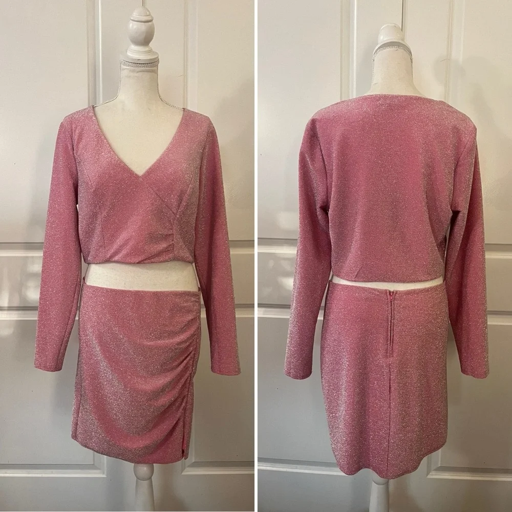 Crystal Doll Sparkly Pink 2-Piece Dress Set Mini Skirt & Long Sleeve Crop Top XL - Picture 1 of 16